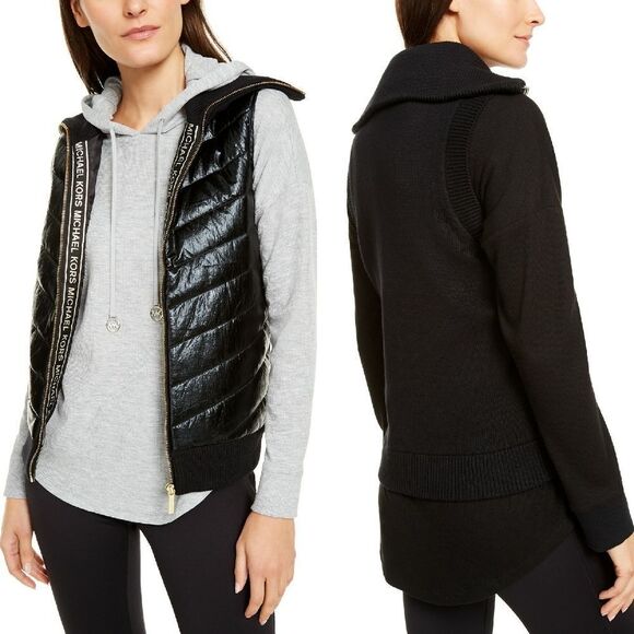 New! MICHAEL KORS Women's Puffer Vest Ribbed Sweater-Back Black Size XS - Picture 1 of 10